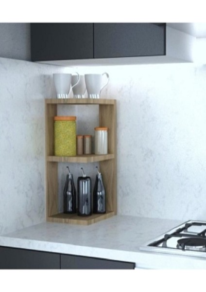 Safir Meşe Rengi Köşe Baharat Rafı Baharat Dolabı Tezgah Üstü Raf