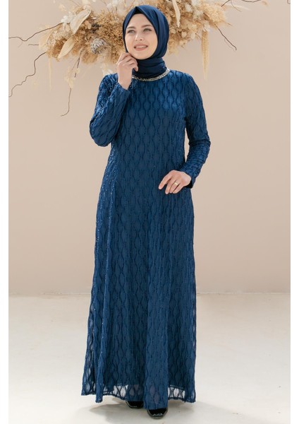 Taş Işleme Detaylı Simli Abiye Lacivert MDA2232