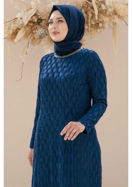 Taş Işleme Detaylı Simli Abiye Lacivert MDA2232 fiyatları