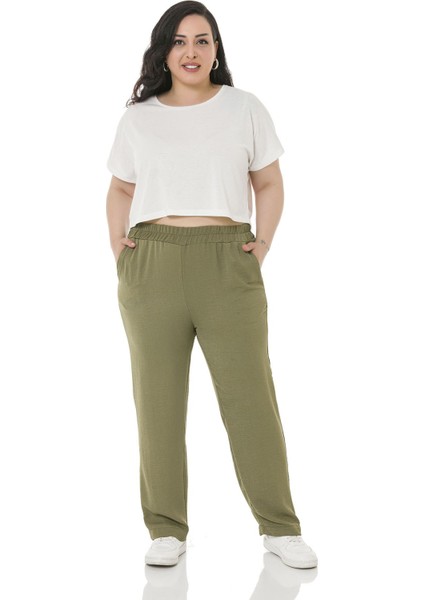 Büyük Beden Beli Lastikli Cepli Keten Aerobin Haki Pantolon fiyatları