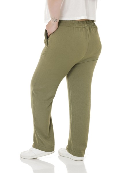 Büyük Beden Beli Lastikli Cepli Keten Aerobin Haki Pantolon modelleri