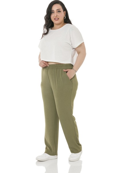 Büyük Beden Beli Lastikli Cepli Keten Aerobin Haki Pantolon fırsatları