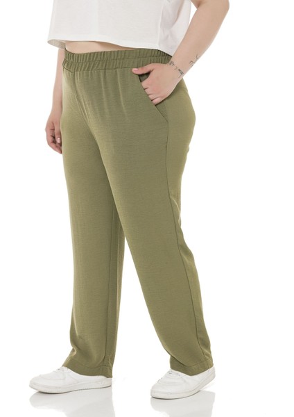 Büyük Beden Beli Lastikli Cepli Keten Aerobin Haki Pantolon indirimleri