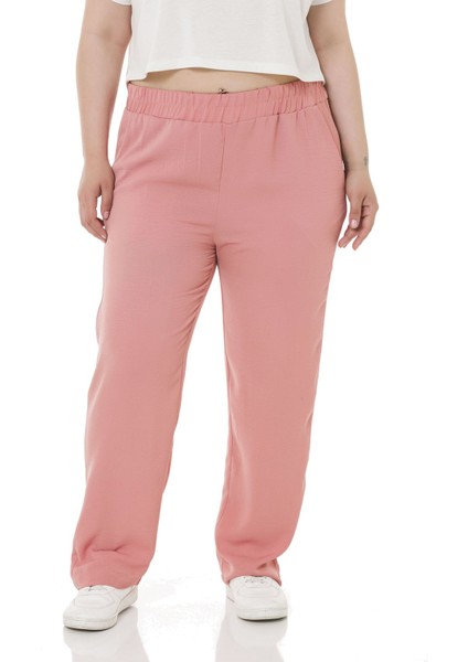 Büyük Beden Beli Lastikli Cepli Keten Aerobin Pudra Pantolon