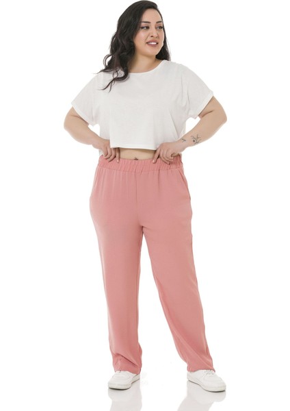 Büyük Beden Beli Lastikli Cepli Keten Aerobin Pudra Pantolon fiyatları