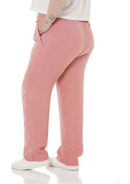 Büyük Beden Beli Lastikli Cepli Keten Aerobin Pudra Pantolon modelleri