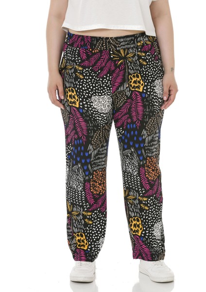 Büyük Beden Beli Lastikli Cepli Desenli Dokuma Viskon Siyah Pantolon