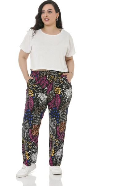 Büyük Beden Beli Lastikli Cepli Desenli Dokuma Viskon Siyah Pantolon fiyatları