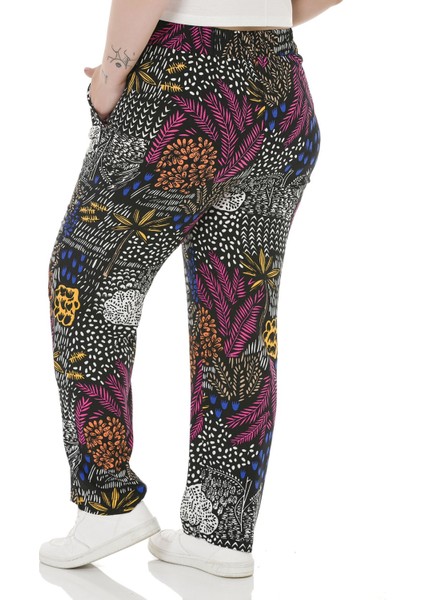 Büyük Beden Beli Lastikli Cepli Desenli Dokuma Viskon Siyah Pantolon modelleri