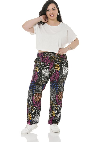 Büyük Beden Beli Lastikli Cepli Desenli Dokuma Viskon Siyah Pantolon fırsatları