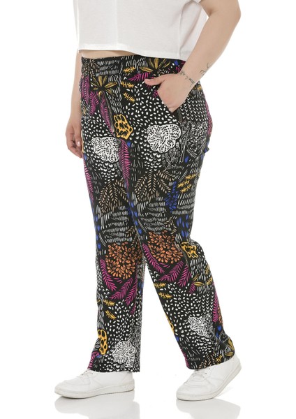 Büyük Beden Beli Lastikli Cepli Desenli Dokuma Viskon Siyah Pantolon indirimleri