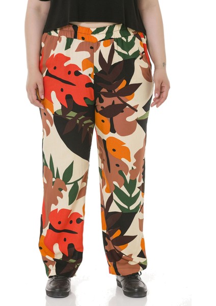 Büyük Beden Beli Lastikli Cepli Desenli Dokuma Viskon Ekru Pantolon