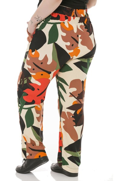 Büyük Beden Beli Lastikli Cepli Desenli Dokuma Viskon Ekru Pantolon modelleri