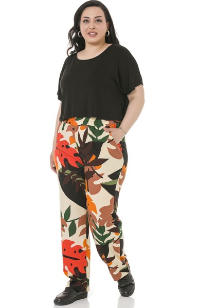 Büyük Beden Beli Lastikli Cepli Desenli Dokuma Viskon Ekru Pantolon fırsatları