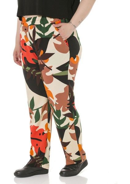 Büyük Beden Beli Lastikli Cepli Desenli Dokuma Viskon Ekru Pantolon indirimleri