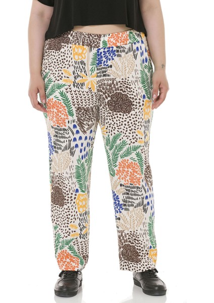 Büyük Beden Beli Lastikli Cepli Desenli Dokuma Viskon Beyaz Pantolon