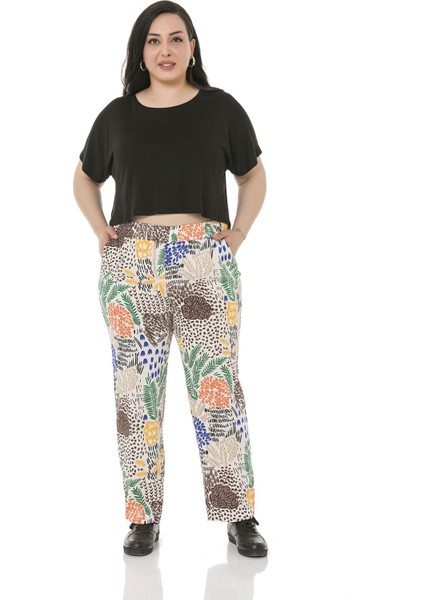 Büyük Beden Beli Lastikli Cepli Desenli Dokuma Viskon Beyaz Pantolon fiyatları