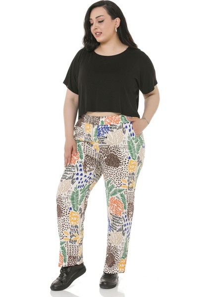 Büyük Beden Beli Lastikli Cepli Desenli Dokuma Viskon Beyaz Pantolon fırsatları