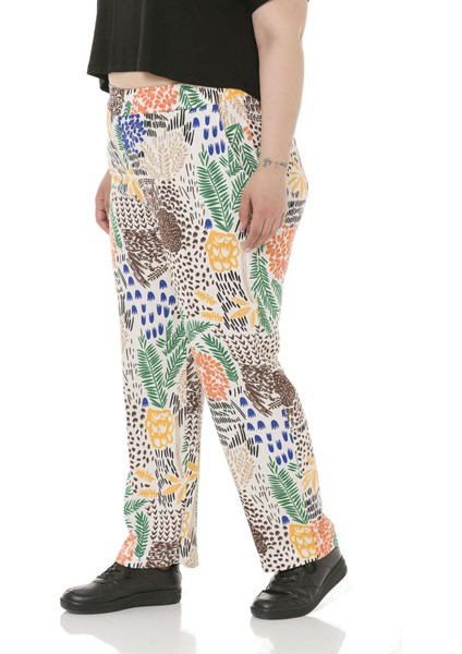 Büyük Beden Beli Lastikli Cepli Desenli Dokuma Viskon Beyaz Pantolon indirimleri