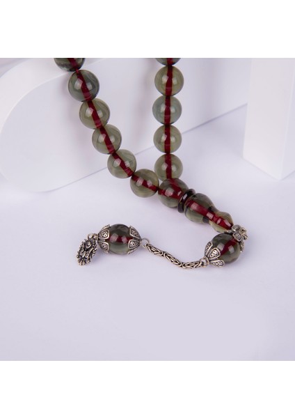 Gümüş Püsküllü Efe Boy Küre Kesim Ateş Kehribar Tesbih