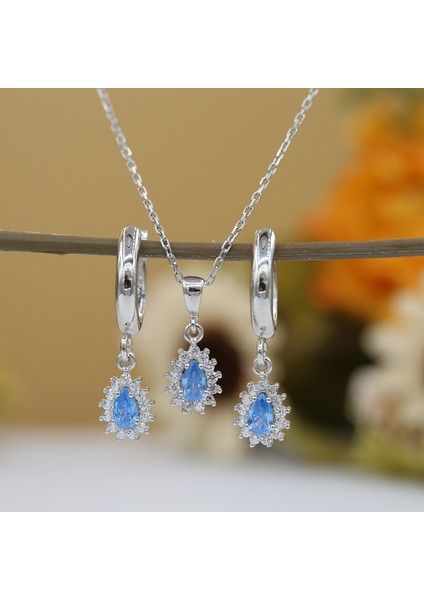 Akua Beyaz Taşlı Minimal Anturaj Damla Gümüş Kolye Küpe Takım