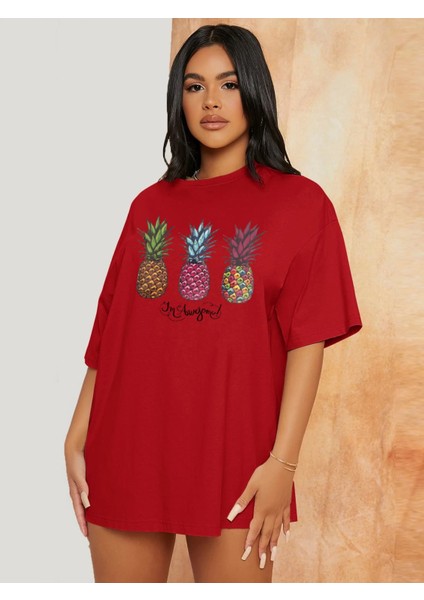 Kadın Oversize Ananas Baskılı Tshirt