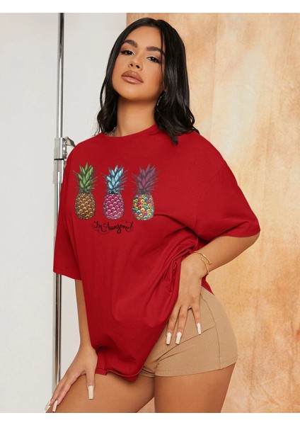 Kadın Oversize Ananas Baskılı Tshirt modelleri