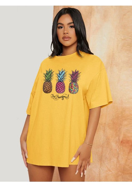 Kadın Oversize Ananas Baskılı Tshirt