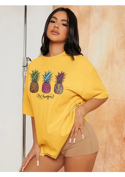 Kadın Oversize Ananas Baskılı Tshirt