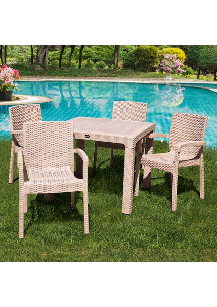 Rattan 90X90CM 4lü Camsız Bahçe Mutfak Masa Takımı Cappuccino