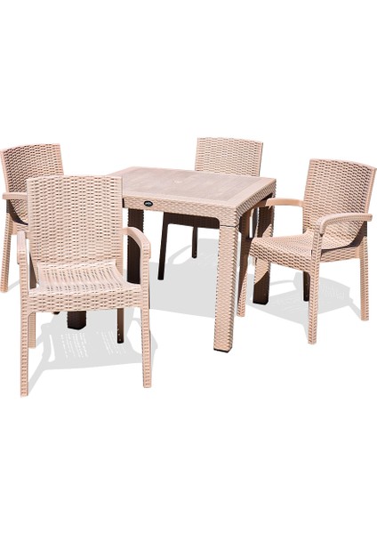 Rattan 90X90CM 4lü Camsız Bahçe Mutfak Masa Takımı Cappuccino modelleri