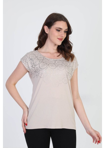 Kadın Desenli Bluz 5010025 Vizon