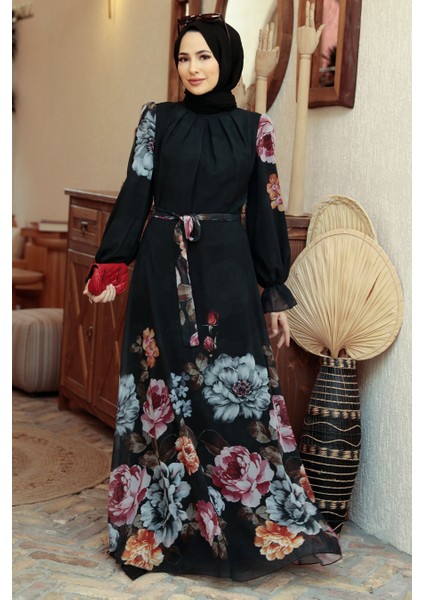 - Çiçek Desenli Siyah Tesettür Elbise 35461S