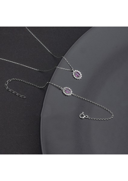 925 Ayar Gümüş Oval Ametist Kolye ve Bileklik Takı Seti