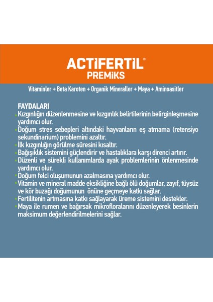 Actıfertıl 10 kg - Kızgınlık Artırıcı - Sığır, Koyun, Keçi - Fertilite Artırıcı - (Yoğun Premiks)