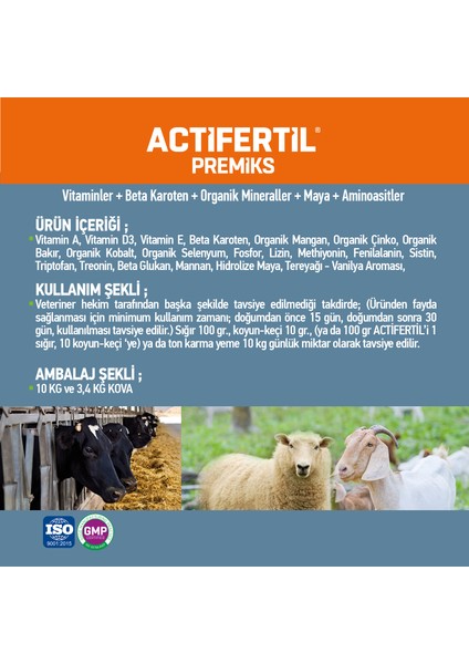 Actıfertıl 10 kg - Kızgınlık Artırıcı - Sığır, Koyun, Keçi - Fertilite Artırıcı - (Yoğun Premiks)