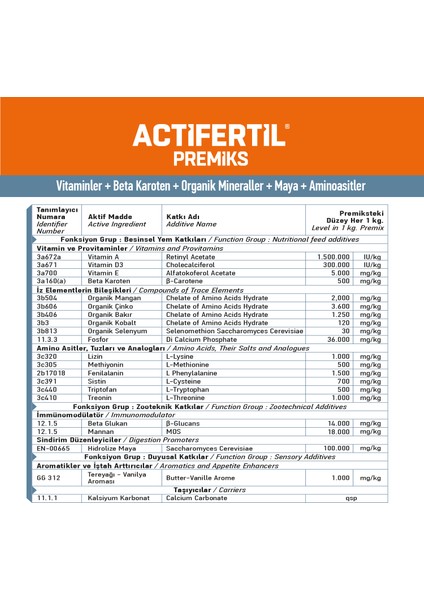 Actıfertıl 10 kg - Kızgınlık Artırıcı - Sığır, Koyun, Keçi - Fertilite Artırıcı - (Yoğun Premiks)