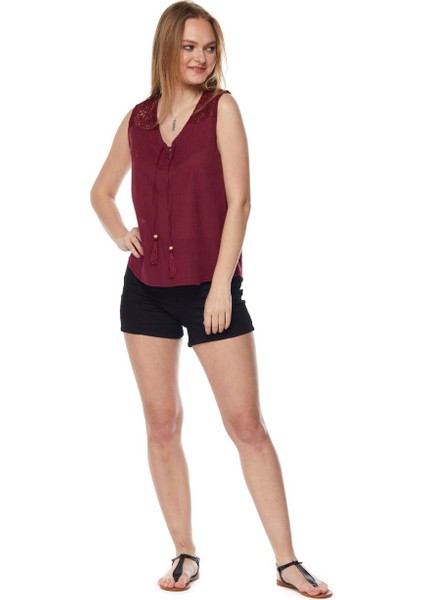 Şile Bezi Bordo Püsküllü Bluz fırsatları