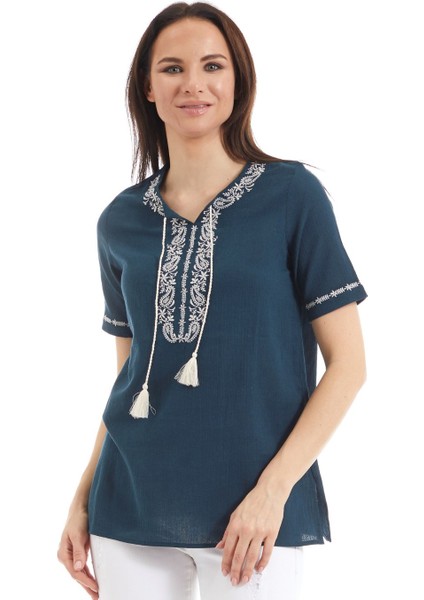 Şile Bezi Petrol Nakış Işlemeli Bluz