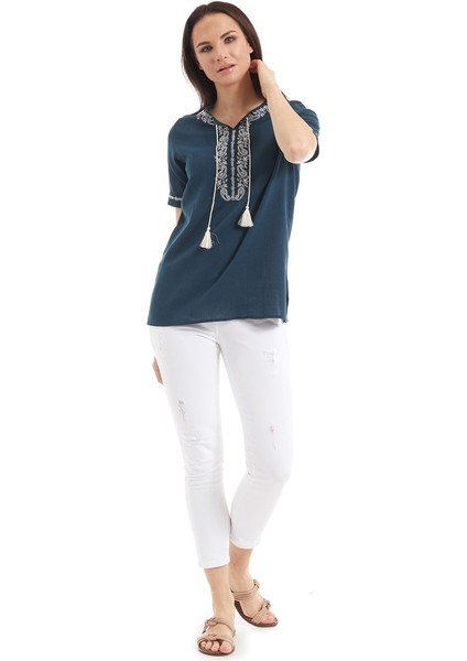 Şile Bezi Petrol Nakış Işlemeli Bluz indirimleri
