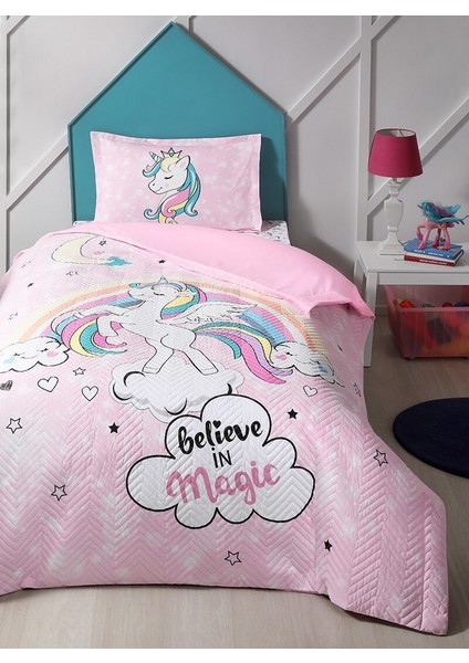 Kapitoneli Tek Kişilik Çocuk Dört Mevsim Nevresim Takımı Complete Set-Unicorn Pembe