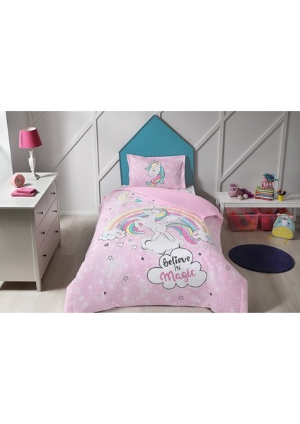 Kapitoneli Tek Kişilik Çocuk Dört Mevsim Nevresim Takımı Complete Set-Unicorn Pembe