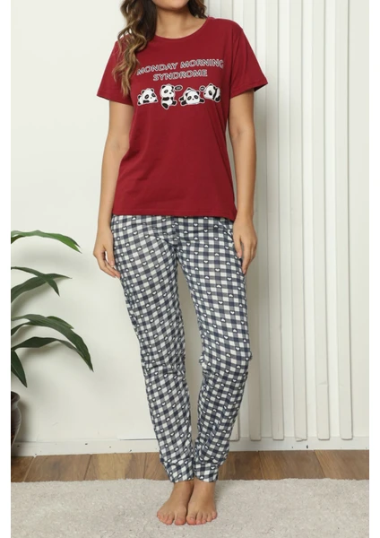 Lady Secret Bordo Kadın Pijama Takımı Kısa Kollu Pamuklu