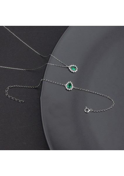 925 Ayar Gümüş Damla Zümrüt Model Kolye ve Bileklik Takı Seti