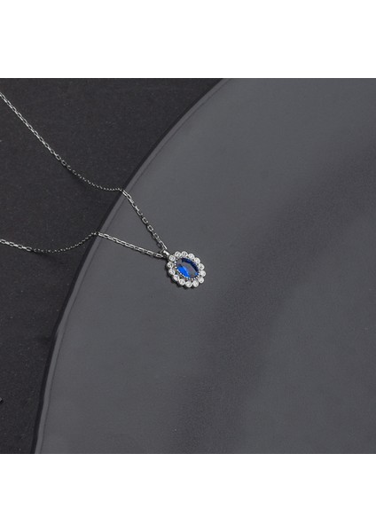 925 Ayar Gümüş Oval Safir Model Kolye