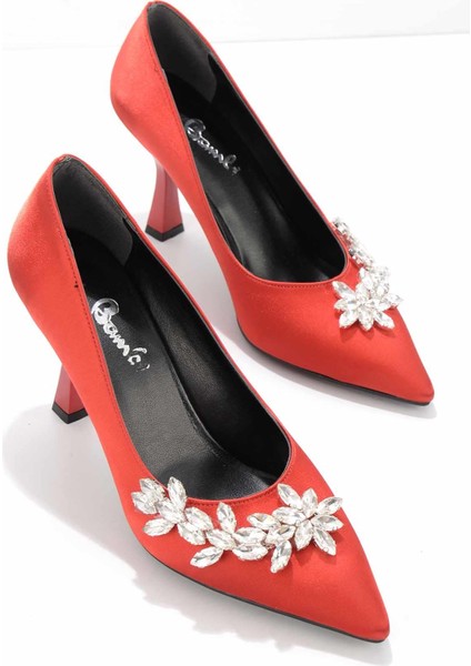 Kırmızı Saten Kadın Klasik Topuklu Ayakkabı K015961346