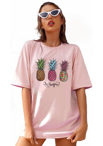 Kadın Oversize Ananas Baskılı Tshirt