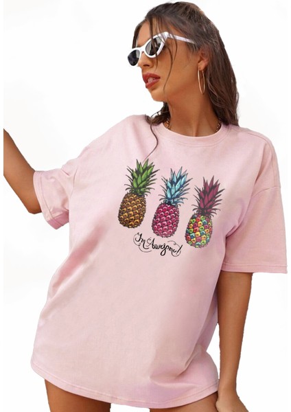 Kadın Oversize Ananas Baskılı Tshirt