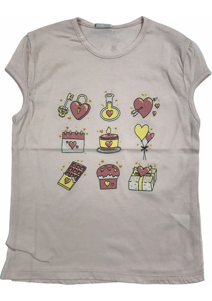 T-Shirt Süprem Kalp Pasta Kalp Baskılı Pembe