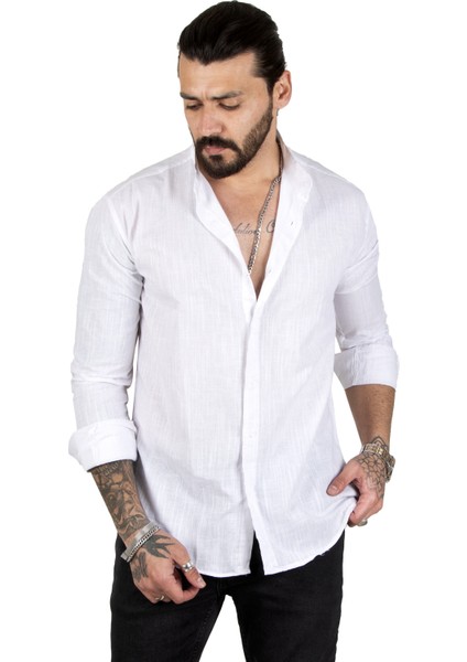 Çizgili Likralı Hakim Yaka Ham Keten Uzun Kollu Erkek Gömlek 2201895